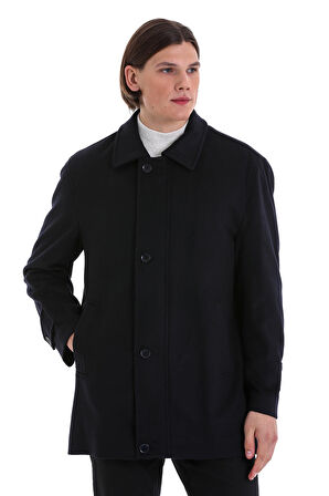 Lacivert Regular Fit Düz Bebe Yaka Yünlü Basic Kaban | XXL