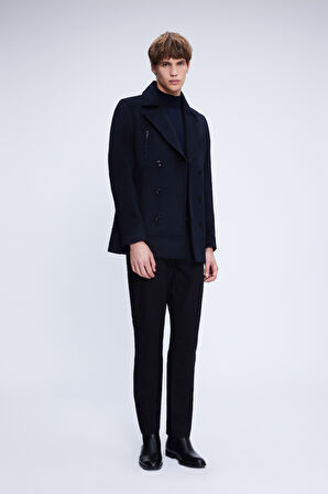 Lacivert Slim Fit Düz Kruvaze Yünlü Kaşe Kaban | M