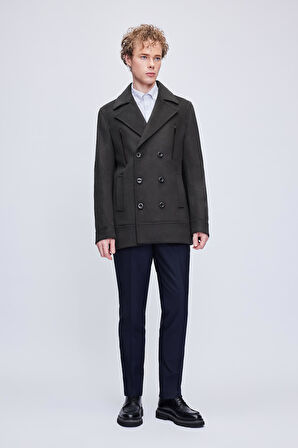 Haki Slim Fit Düz Kruvaze Yünlü Kaşe Kaban | XS