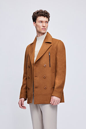 Camel Slim Fit Düz Kruvaze Yünlü Kaşe Kaban | M