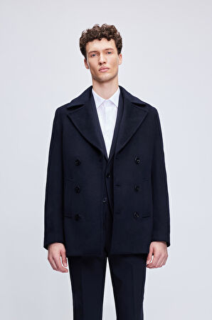 Lacivert Slim Fit Düz Kürklü Kruvaze Kaşe Kaban | XXL