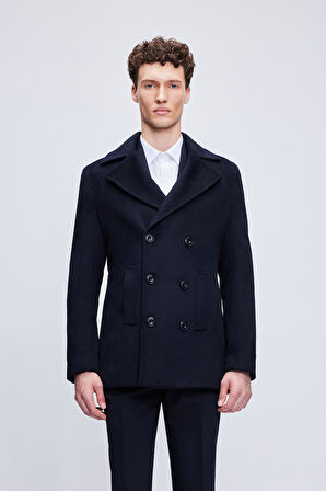 Lacivert Slim Fit Düz Kürklü Kruvaze Kaşe Kaban | XXL