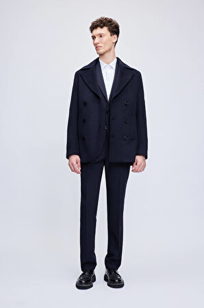 Lacivert Slim Fit Düz Kürklü Kruvaze Kaşe Kaban | XXL