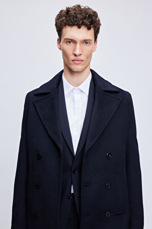 Lacivert Slim Fit Düz Kürklü Kruvaze Kaşe Kaban | XXL