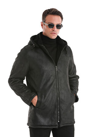 Siyah Slim Fit Hakim Yaka Kapüşonlu Basic Deri Kaban | S