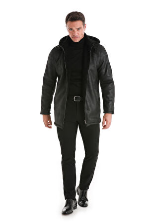 Siyah Slim Fit Hakim Yaka Kapüşonlu Basic Deri Kaban | S