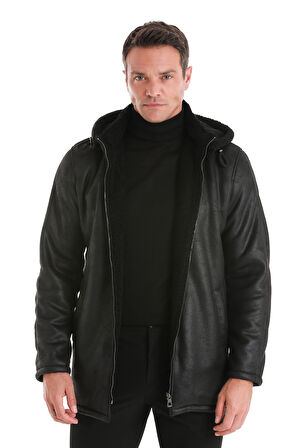 Siyah Slim Fit Hakim Yaka Kapüşonlu Basic Deri Kaban | S