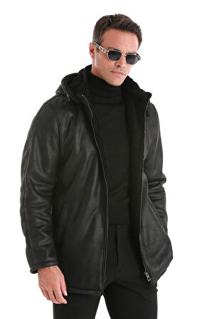 Siyah Slim Fit Hakim Yaka Kapüşonlu Basic Deri Kaban | S
