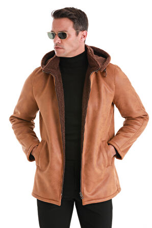 Kahverengi Slim Fit Hakim Yaka Kapüşonlu Basic Deri Kaban | M