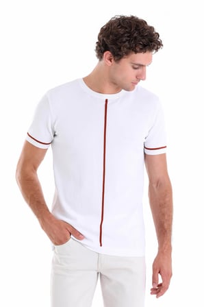 Beyaz Slim Fit Desenli Rayon Bisiklet Yaka Triko Tişört
