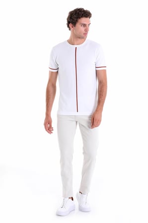 Beyaz Slim Fit Desenli Rayon Bisiklet Yaka Triko Tişört