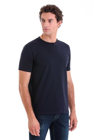 Lacivert Regular Fit Düz Pamuklu Bisiklet Yaka Triko Tişört