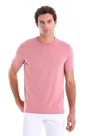 Pembe Regular Fit Düz Pamuklu Bisiklet Yaka Triko Tişört