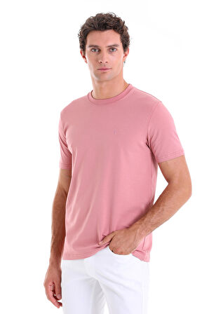Pembe Regular Fit Düz Pamuklu Bisiklet Yaka Triko Tişört