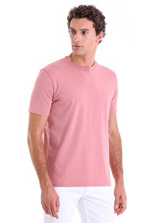 Pembe Regular Fit Düz Pamuklu Bisiklet Yaka Triko Tişört