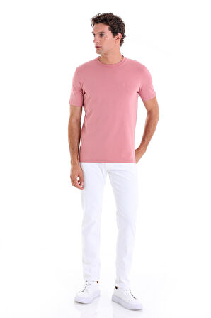 Pembe Regular Fit Düz Pamuklu Bisiklet Yaka Triko Tişört