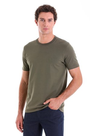 Haki Regular Fit Düz Pamuklu Bisiklet Yaka Triko Tişört