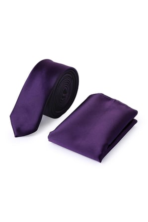 Mürdüm Düz Saten Kravat Mendil Set