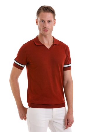 Kiremit Slim Fit Çizgili Polo Yaka Triko Tişört