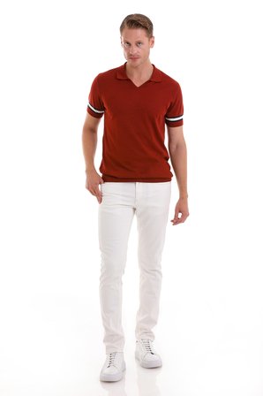 Kiremit Slim Fit Çizgili Polo Yaka Triko Tişört