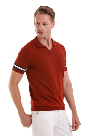 Kiremit Slim Fit Çizgili Polo Yaka Triko Tişört