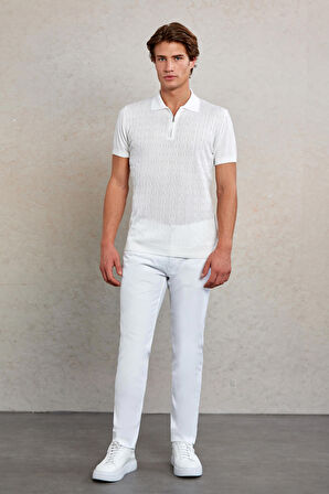 Beyaz Slim Fit Jakarlı Fermuarlı Polo Yaka Triko Tişört
