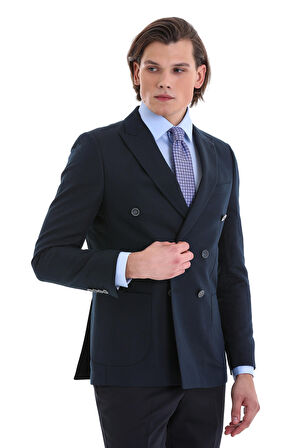Lacivert Slim Fit Düz Sivri Yaka Kruvaze Klasik Ceket | 46