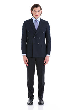 Lacivert Slim Fit Düz Sivri Yaka Kruvaze Klasik Ceket | 46