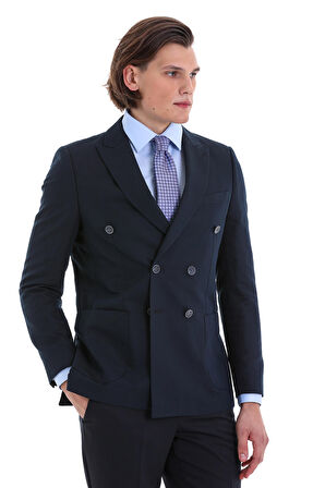 Lacivert Slim Fit Düz Sivri Yaka Kruvaze Klasik Ceket | 46