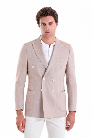 Brick Slim Fit Düz Sivri Yaka Kruvaze Keten Ceket