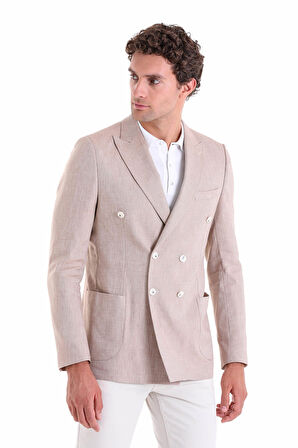Brick Slim Fit Düz Sivri Yaka Kruvaze Keten Ceket
