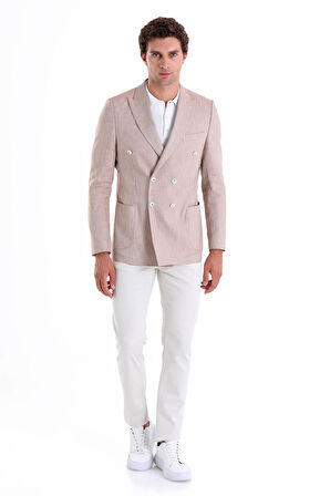 Brick Slim Fit Düz Sivri Yaka Kruvaze Keten Ceket