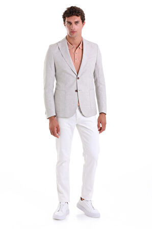 Gri Slim Fit Düz Mono Yaka Casual Keten Ceket
