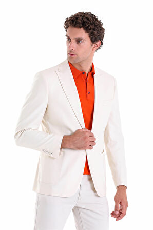 Ekru Comfort Fit Düz Mono Yaka Casual Keten Ceket