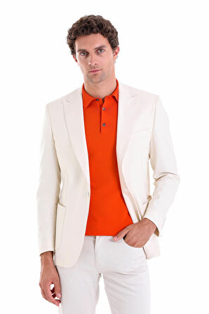 Ekru Comfort Fit Düz Mono Yaka Casual Keten Ceket