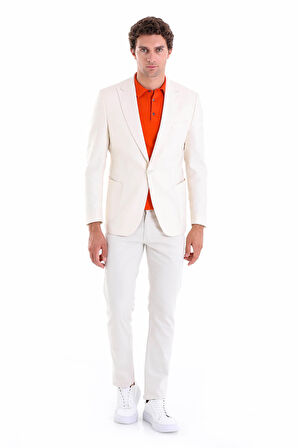 Ekru Comfort Fit Düz Mono Yaka Casual Keten Ceket
