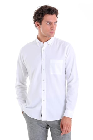 Beyaz Comfort Fit Düz 100% Pamuk Düğmeli Yaka Uzun Kollu Oxford Gömlek