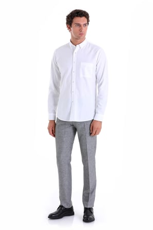 Beyaz Comfort Fit Düz 100% Pamuk Düğmeli Yaka Uzun Kollu Oxford Gömlek