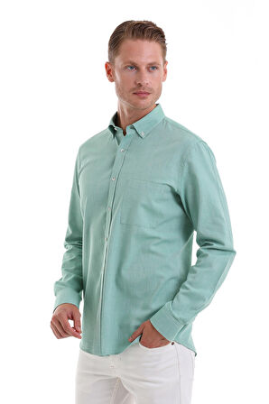 Yeşil Comfort Fit Düz 100% Pamuk Düğmeli Yaka Uzun Kollu Casual Oxford Gömlek