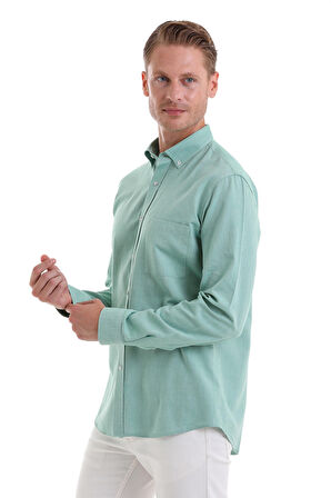 Yeşil Comfort Fit Düz 100% Pamuk Düğmeli Yaka Uzun Kollu Casual Oxford Gömlek