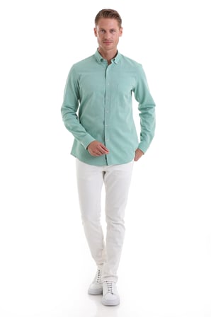 Yeşil Comfort Fit Düz 100% Pamuk Düğmeli Yaka Uzun Kollu Casual Oxford Gömlek