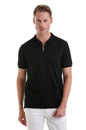 Siyah Regular Fit Desenli Pamuklu Polo Yaka Tişört