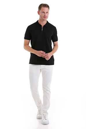 Siyah Regular Fit Desenli Pamuklu Polo Yaka Tişört