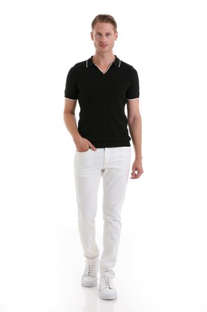 Siyah Regular Fit Desenli Pamuklu Polo Yaka Casual Tişört