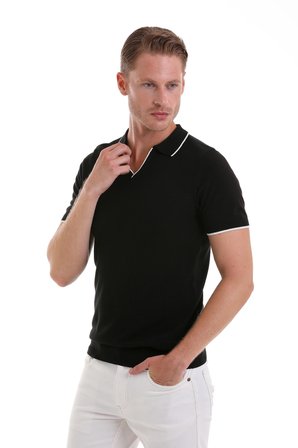 Siyah Regular Fit Desenli Pamuklu Polo Yaka Casual Tişört