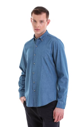 Mavi Comfort Fit Düz 100% Pamuklu Düğmeli Yaka Uzun Kollu Klasik Gömlek | XS
