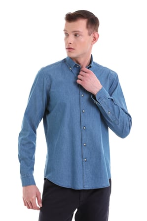 Mavi Comfort Fit Düz 100% Pamuklu Düğmeli Yaka Uzun Kollu Klasik Gömlek | XS