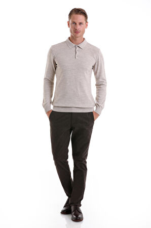 Bej Regular Fit Düz Polo Yaka Triko Kazak
