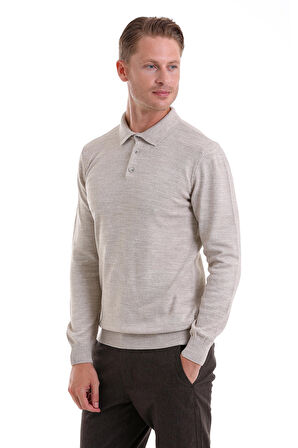 Bej Regular Fit Düz Polo Yaka Triko Kazak