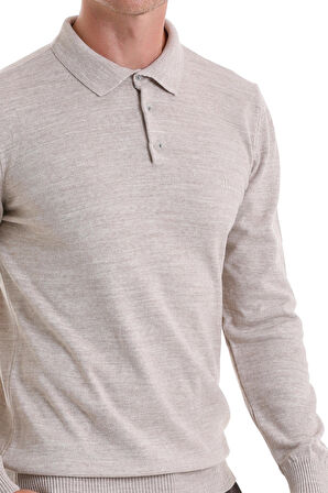 Bej Regular Fit Düz Polo Yaka Triko Kazak